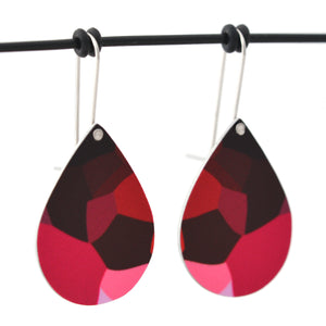 Pink facet-shapes droplet earrings; designed from the organic details inside Geraldton Wax flowers. The aluminium droplets are approximately 40mm long and 29mm wide. The 15mm long shepherds hooks are surgical stainless steel.
