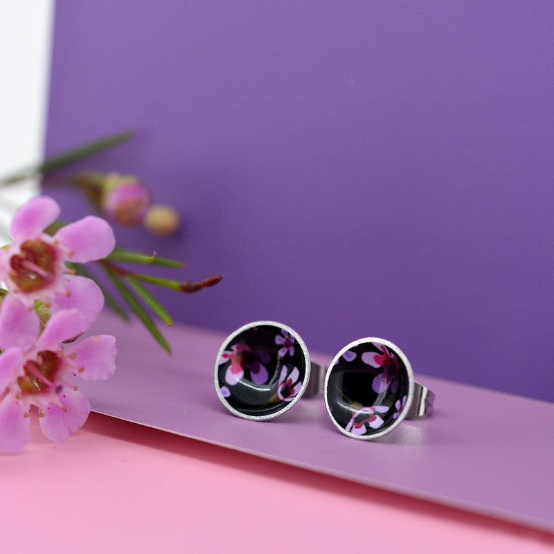 Geraldton Wax Flowers - domed circle stud earrings