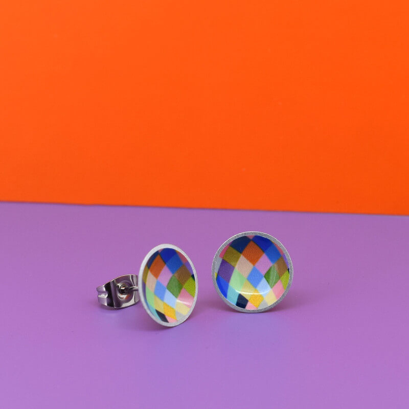 Claire Ishino - Harlequin Lines - domed circle stud earrings