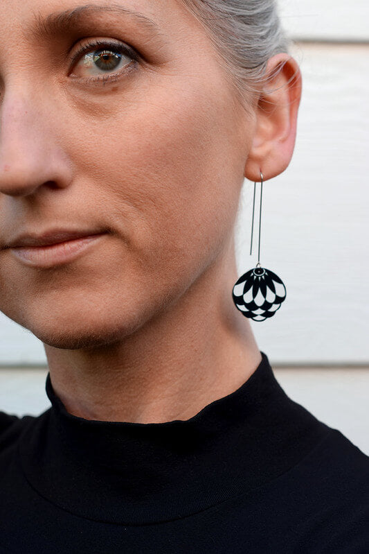 Claire Ishino - Monochrome Artichoke Hearts - long drop hook earrings