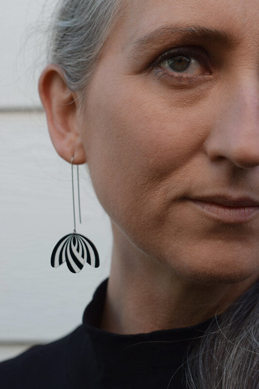 Claire Ishino - Monochrome Art Deco Drapes - long drop hook earrings