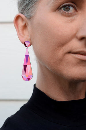 Claire Ishino - Pink Faceted Gems - long double drop stud earrings