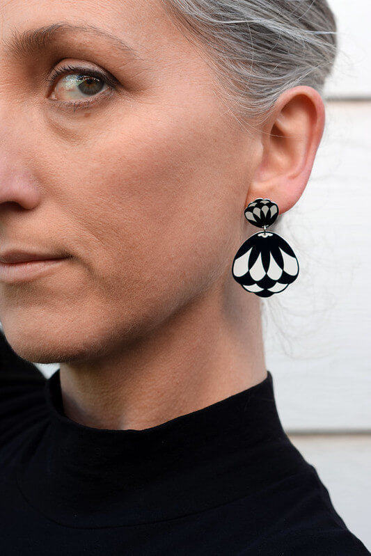Claire Ishino - Monochrome Art Deco Artichoke - double drop stud earrings