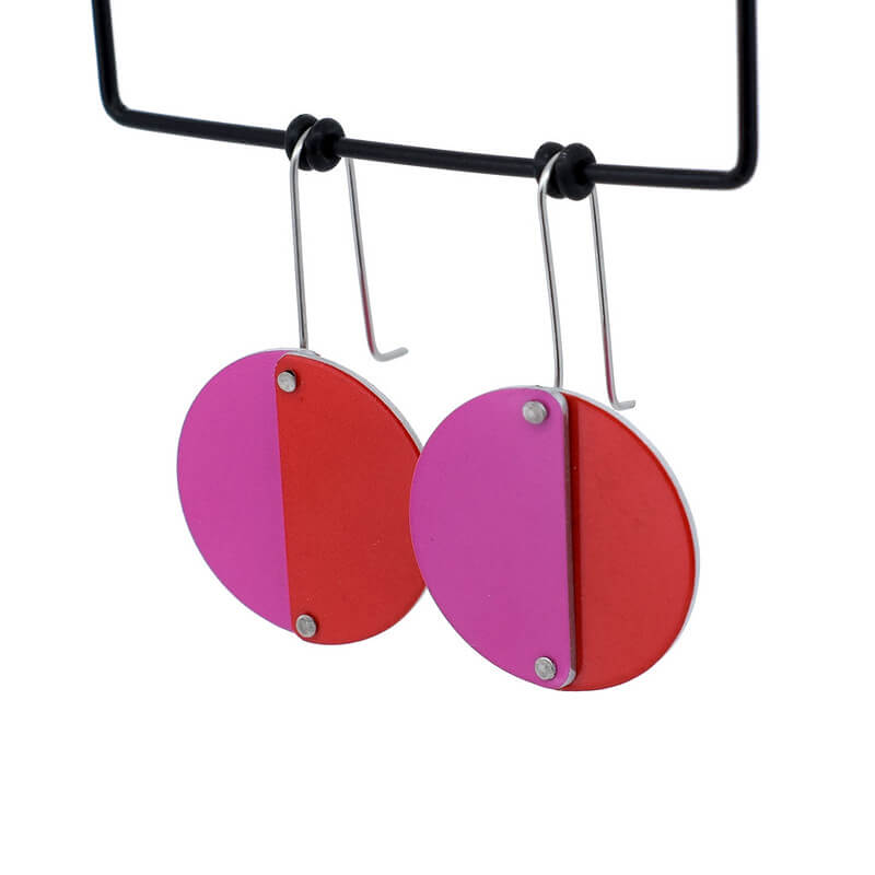 Colour Theory - red and pink rivited full circles - shepherds hook earrings