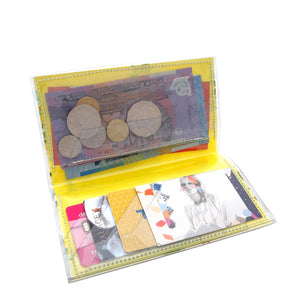 This image shows an inside view of a sample Kitty Came Home bifold mini purse clutch. This is the small size. It has 4 card pockets, a separate pocket for coins and another pocket for cash notes.
