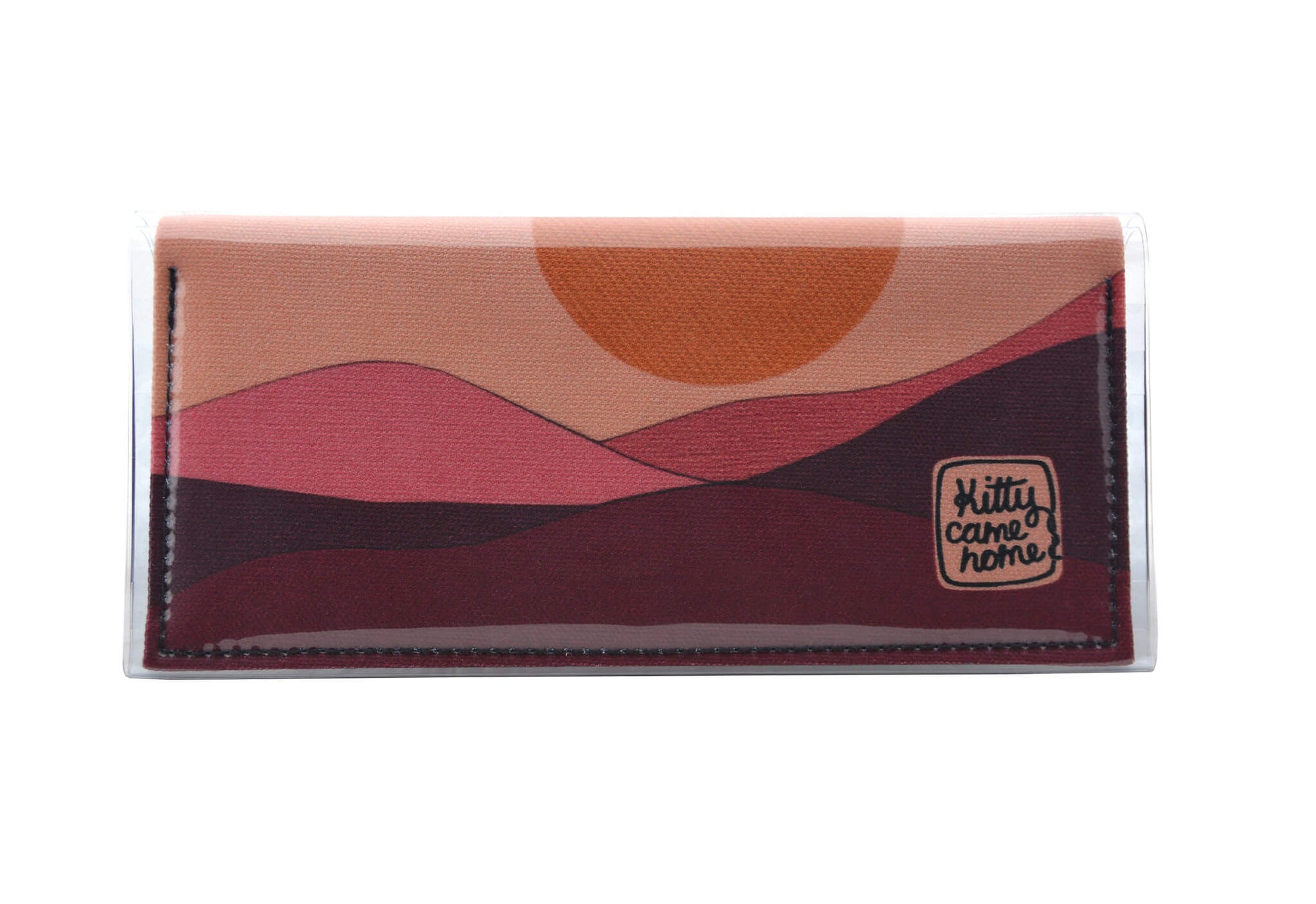 This is an image of the front of a Kitty Came Home bifold purse clutch in the 'Moonage daydream' design by Satin and Tat. A golden moon suspended above a burgundy landscape. This is the standard size.
