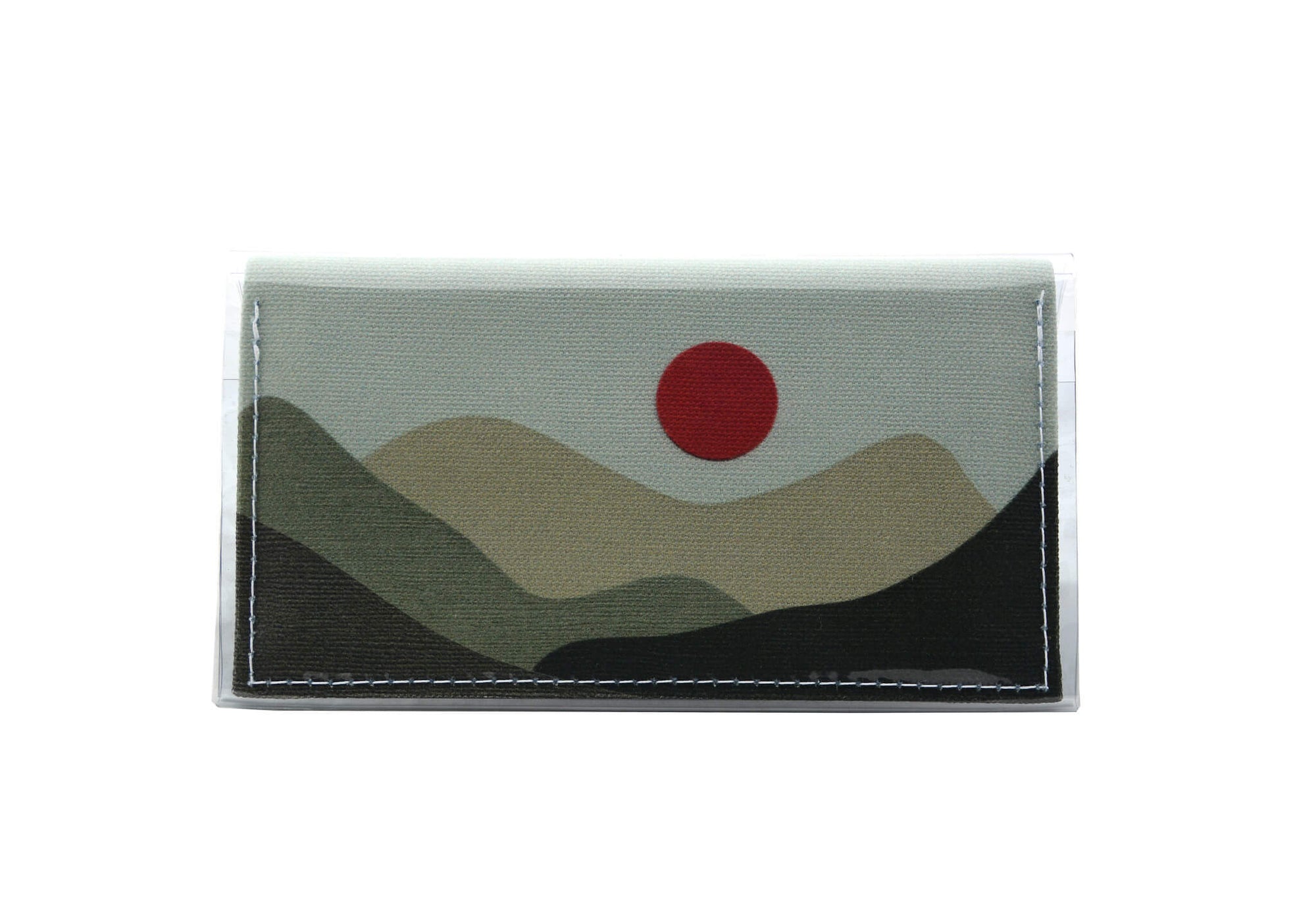 This is an image of the rear of a Kitty Came Home bifold mini purse clutch in the 'Moondance' design by Satin and Tat. A blood red full moon floats above a landscape of towering dark green hills. This is the small size.