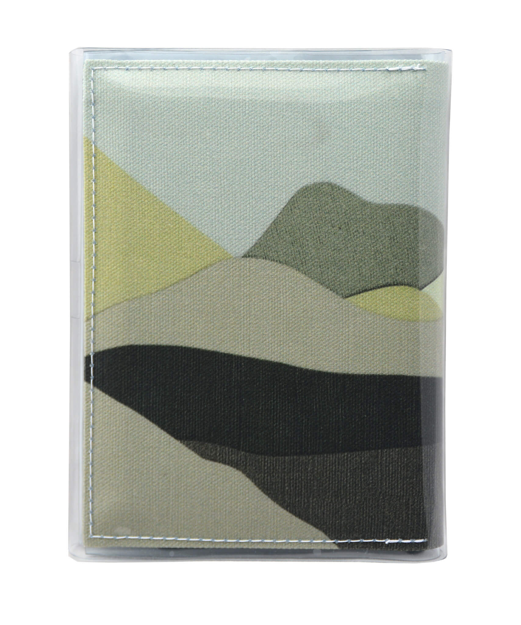 This is an image of the rear of a Kitty Came Home A6 journal in the 'Moonlight drive’ design by Satin and Tat. A landscape of green hued hills beneath a pale green sky.