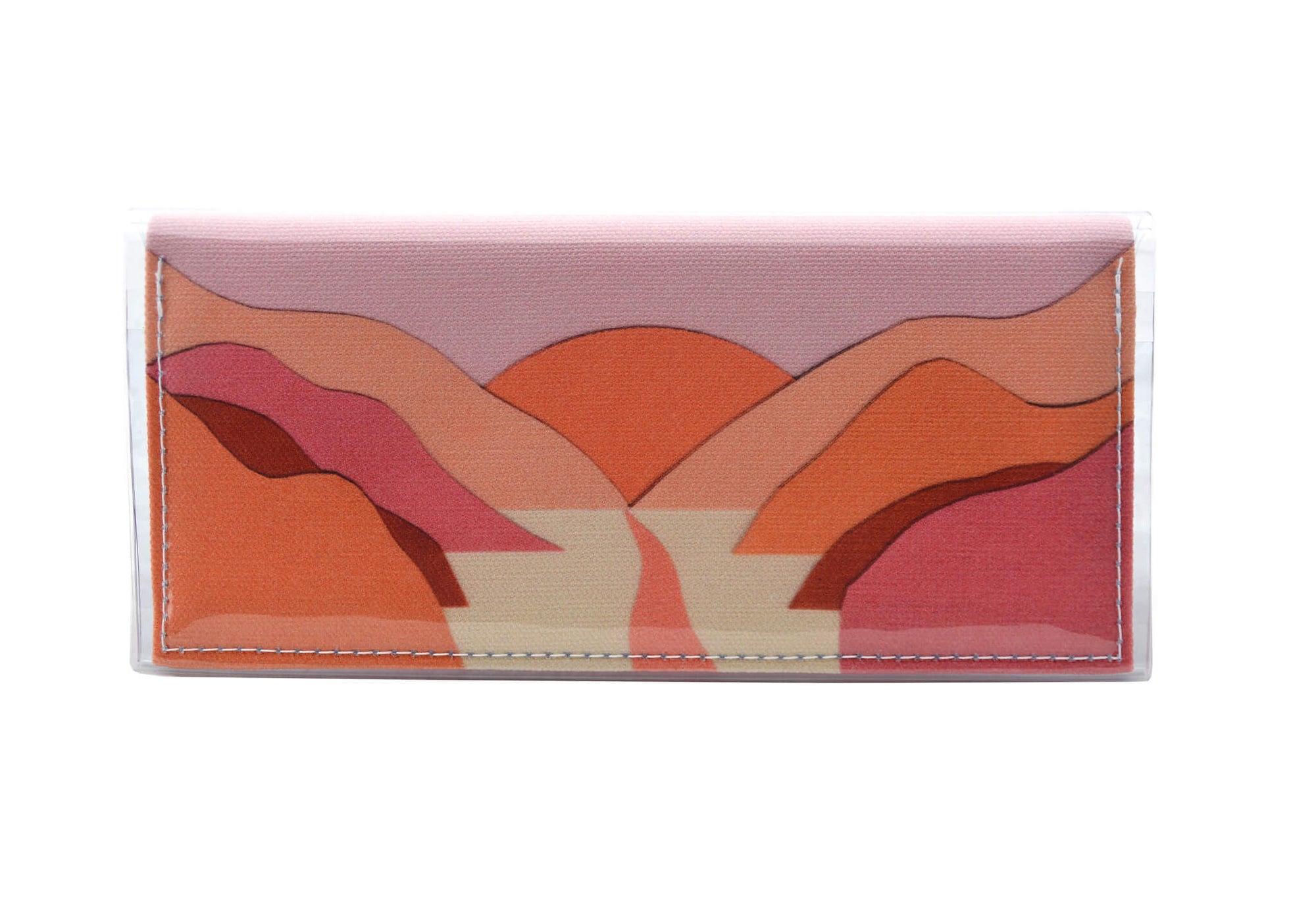 This is an image of the rear of a Kitty Came Home bifold purse clutch in 'The golden dawn' design by Satin and Tat. A path wends through a valley of pink and orange hills towards an orange rising sun. This is the standard size.