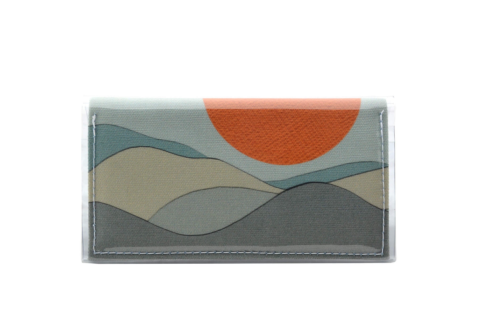This is an image of the rear of a Kitty Came Home bifold mini purse clutch in 'The night grows pale' design by Satin and Tat. An orange moon floats above a pale landscape. This is the small size.