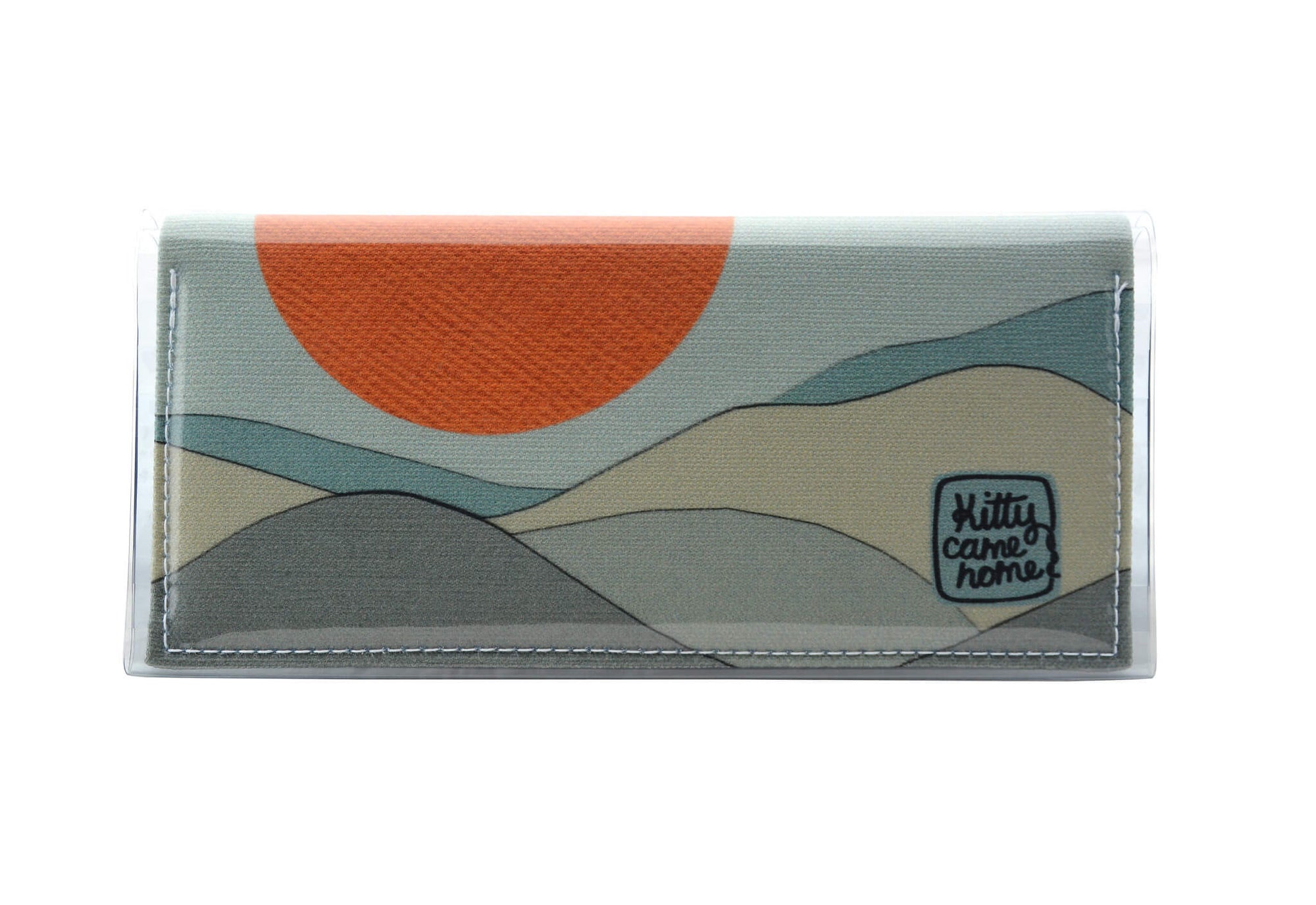 This is an image of the front of a Kitty Came Home bifold purse clutch in 'The night grows pale' design by Satin and Tat. An orange moon floats above a mist coloured landscape. This is the standard size.