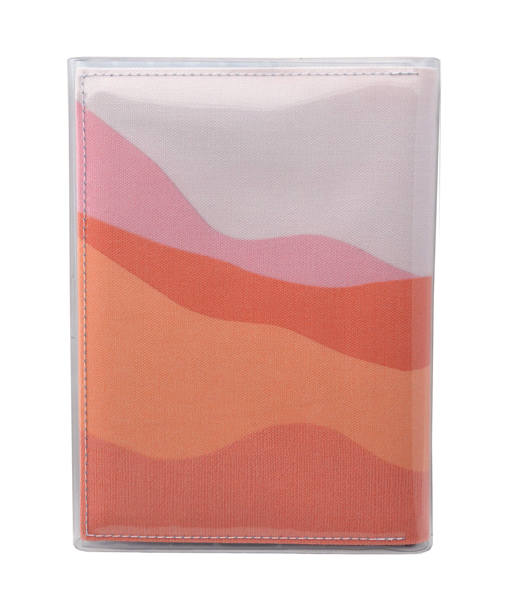 This is an image of the rear of a Kitty Came Home A5 journal in the 'Waiting for the sun' design by Satin and Tat. A landscape of pink hued sands rising to higher hills.