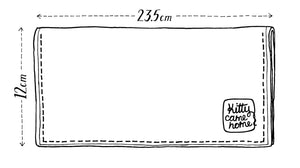 This image shows a sketch of the Kitty Came Home bifold plus purse clutch showing the dimensions. The large size is approximately 235mm long and 120mm wide.