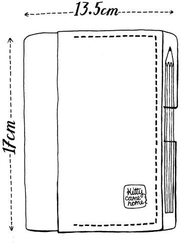 This image shows a sketch of the Kitty Came Home A6 journal showing the dimensions. It is approximately 170mm high and 135mm wide.